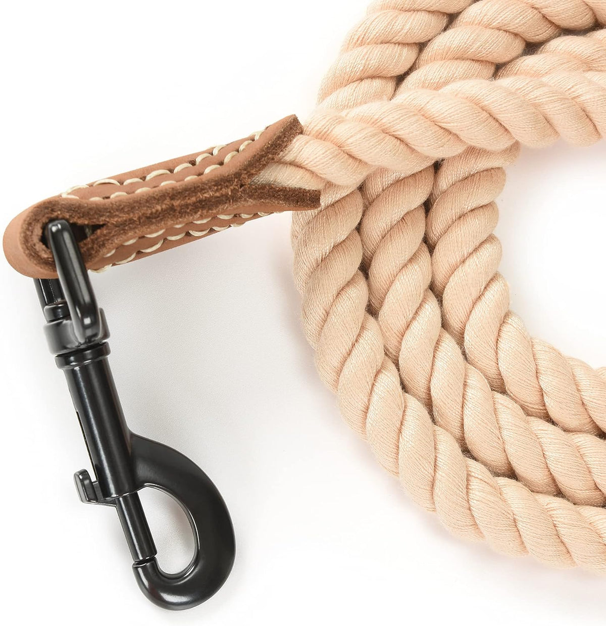 Dog Leash Braided Cotton Rope with Leather-Reinforced Ends