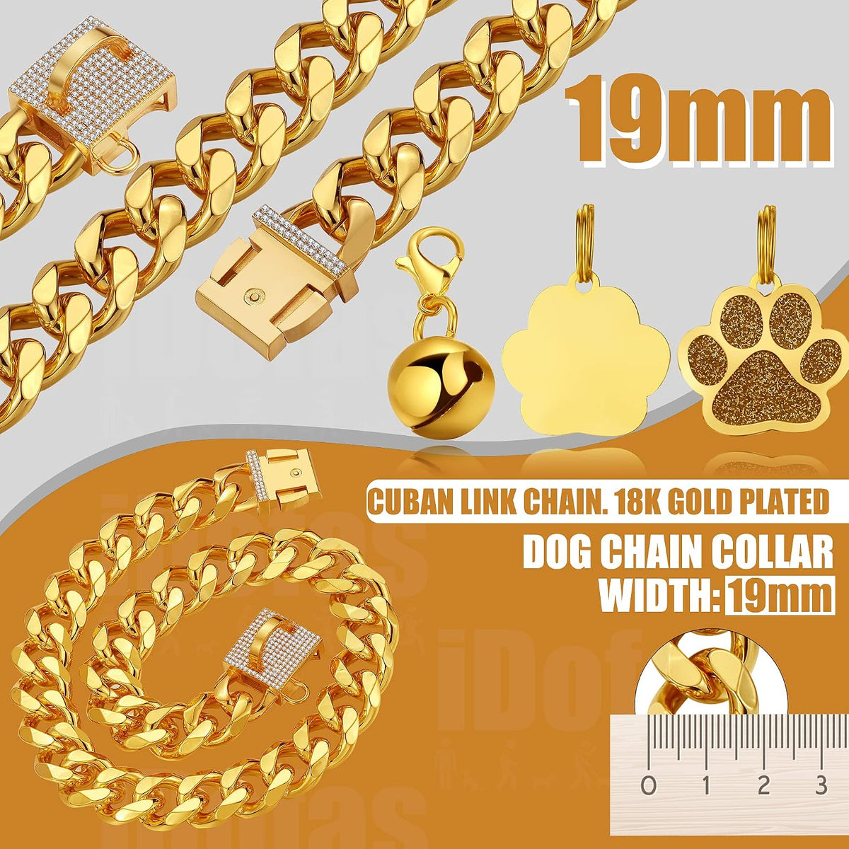 Dog Chain Collar Designer Luxury Dog Collar Gold with CZ Buckle 19Mm Cuban Link Dog Chain Metal Dog Collars for Puppy Small Medium Large Dogs with Dog Tag & Bell(18")