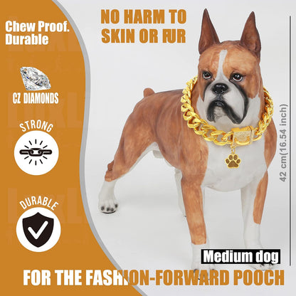 Dog Chain Collar Designer Luxury Dog Collar Gold with CZ Buckle 19Mm Cuban Link Dog Chain Metal Dog Collars for Puppy Small Medium Large Dogs with Dog Tag & Bell(18")