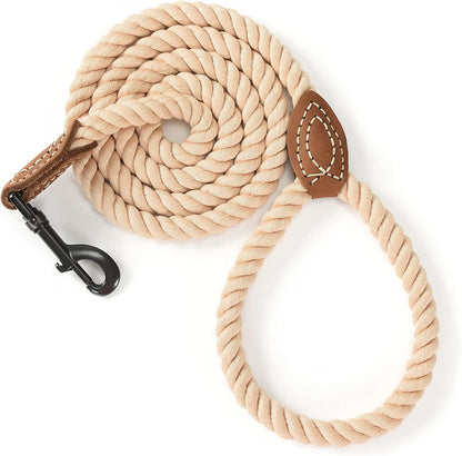 Dog Leash Braided Cotton Rope with Leather-Reinforced Ends