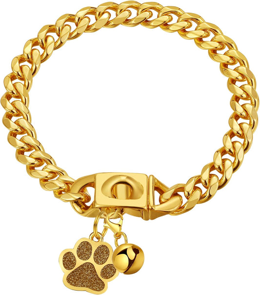 Gold Cuban Link Dog Chain Collar - 10Mm 18K Gold Stainless Steel with Snap Buckle & Bell - Small to Large Dogs (18")