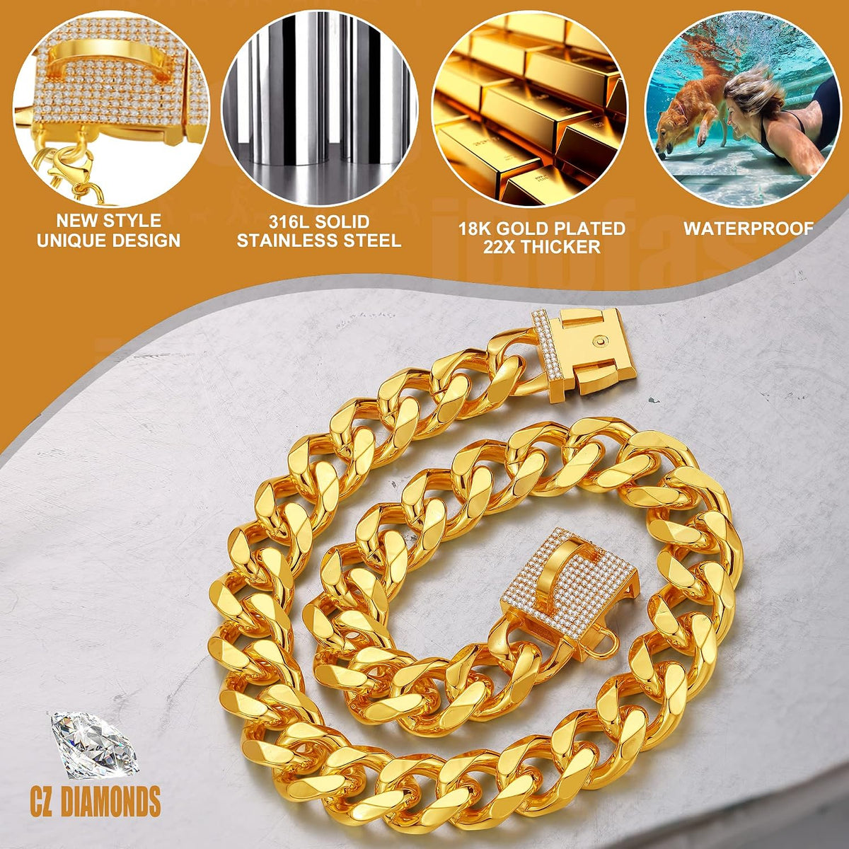 Dog Chain Collar Designer Luxury Dog Collar Gold with CZ Buckle 19Mm Cuban Link Dog Chain Metal Dog Collars for Puppy Small Medium Large Dogs with Dog Tag & Bell(18")